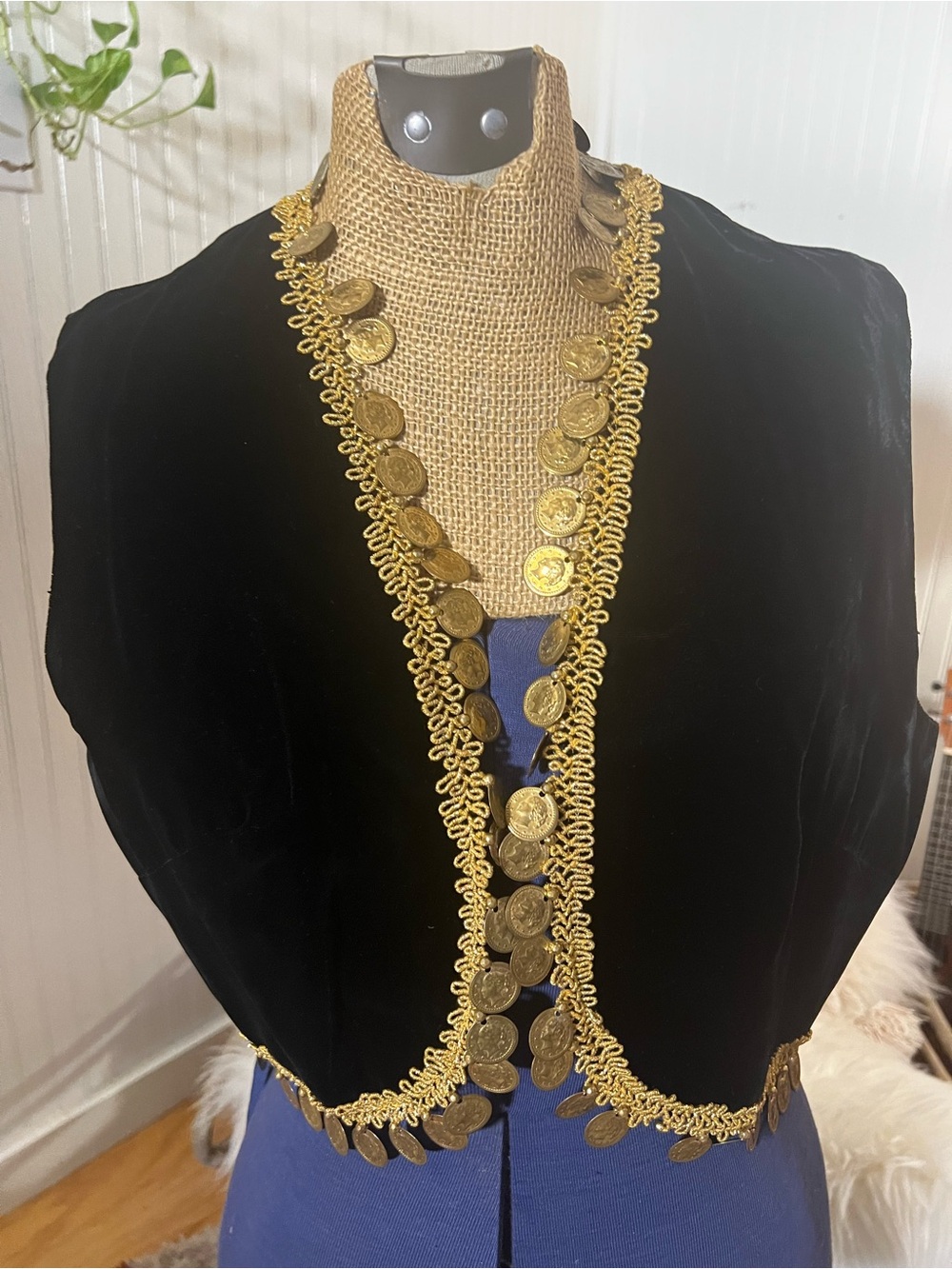 True Vintage Gold Coin Trim Black Velvet Bolero Vest - Women Rare